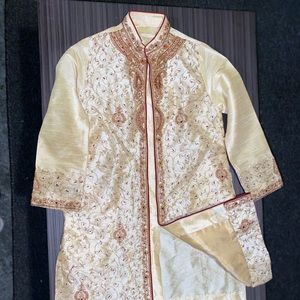 Men Woven Art Silk Jacquard Sherwani in Gold